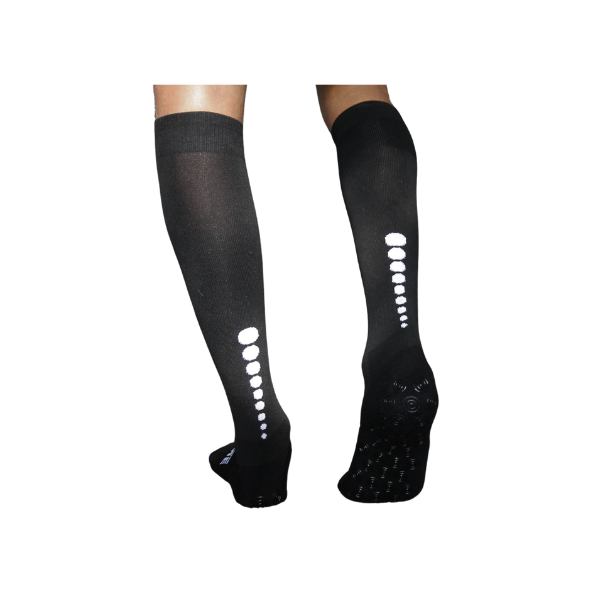 black knee high football soccer grip socks. Premium grip socks, futsal socks, anti-slip grip, below knee, long football socks.