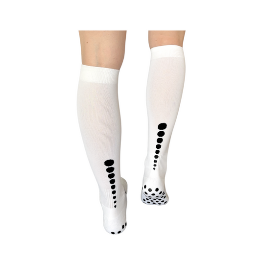 white knee high football soccer grip socks. Premium grip socks, futsal socks, anti-slip grip, below knee, long football socks.
